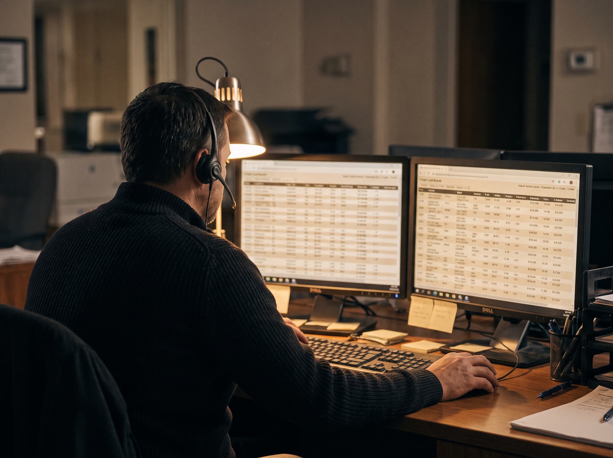 Ikki monitor qarshisida quloqchin taqib ishlayotgan dispatcher